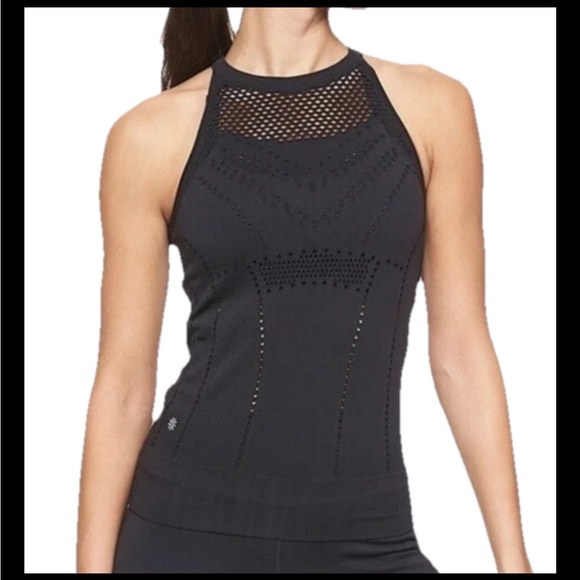 Athleta BLACK Mesh Fitted HALTER nylon Spandex TOP Trophy Tank SMALL Pullover S - Picture 1 of 16